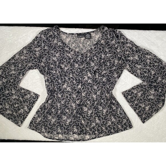 Vtg Y2K Women's Sz Lg Sheer Button Down Top Babydoll Coquette Dark Floral Fairy - Picture 1 of 7